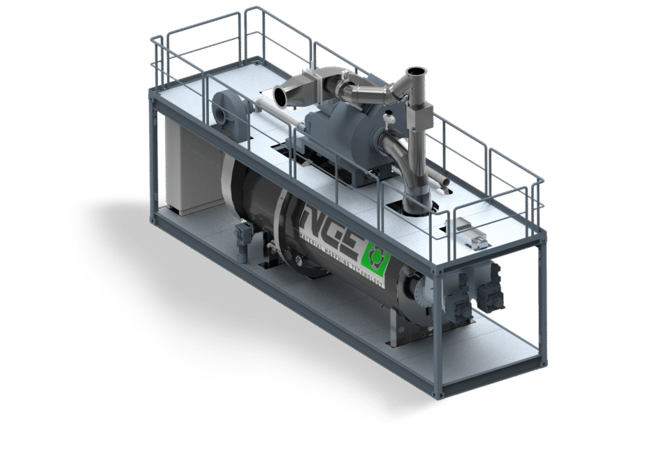 3D rendering of the NGE T:CRACKER system module, showing a compact industrial pyrolysis unit with integrated piping and safety railing on a steel frame platform.